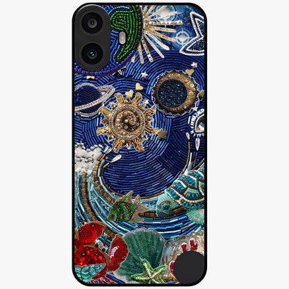 Universe Underwater Spark Glass Case showing flat back view with cosmic underwater themed artwork and glossy glass finish.