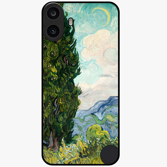 Van Gogh Vintage Art Glass Case showing flat back view with vintage painterly artwork inspired by Van Gogh style and glossy glass finish.