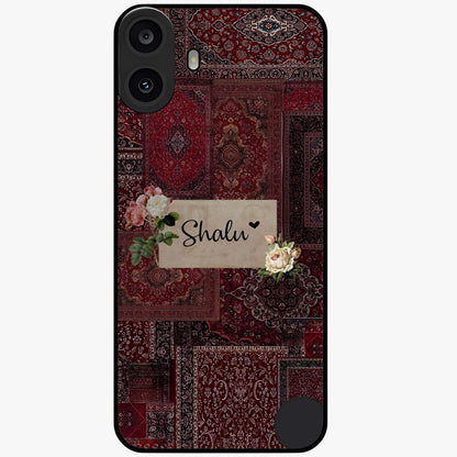 Velvet Wine Pattern Custom Name Glass Case showing flat back view with elegant wine colored pattern artwork and personalized name design.