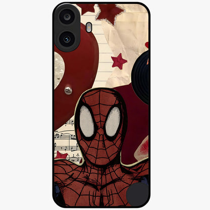 Web Warrior Vibes Glass Case showing flat back view with superhero inspired web themed artwork and glossy glass finish.