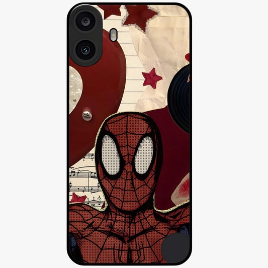 Web Warrior Vibes Glass Case showing flat back view with superhero inspired web themed artwork and glossy glass finish.