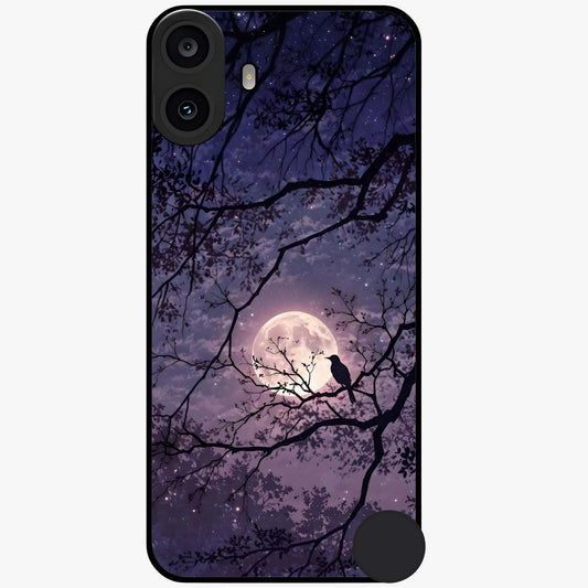 Whispering Moon Silence Glass Case showing flat back view with serene moon themed artwork and glossy glass finish.