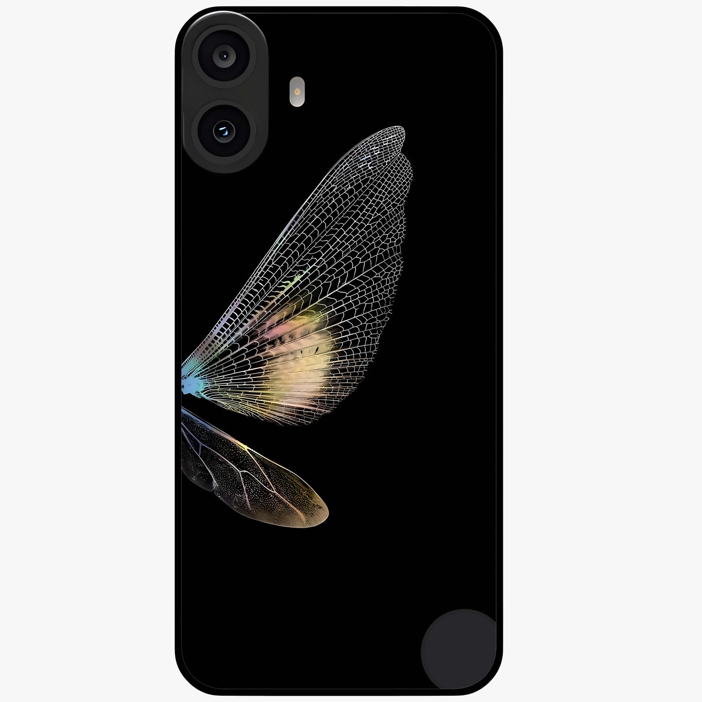 Whispers Of Wings Glass Case showing flat back view with graceful wing inspired artwork and glossy glass finish.