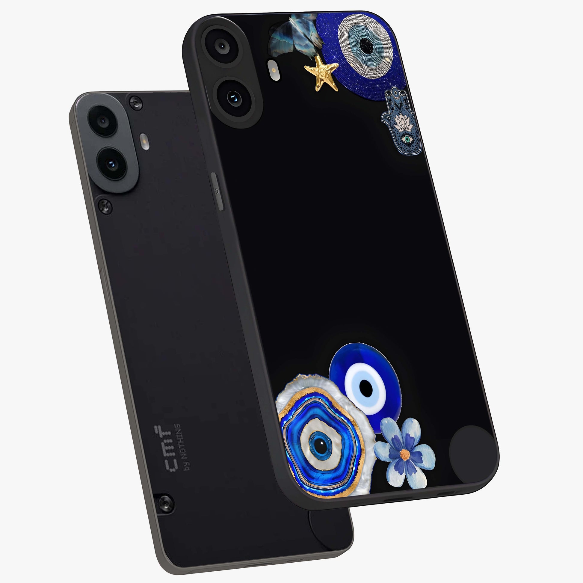 Aesthetic Blue Evil Eye Glass Case displayed in angled mockup highlighting blue evil eye symbol and spiritual aesthetic design.