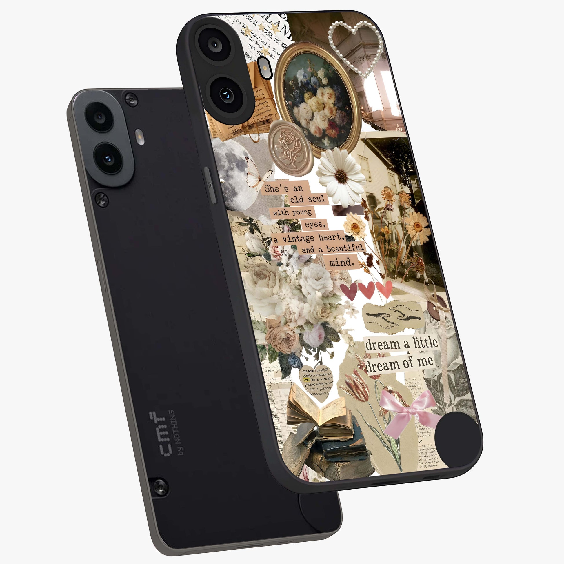 Aesthetic Brown Vintage Collage Glass Case displayed in angled mockup highlighting vintage aesthetic collage design.