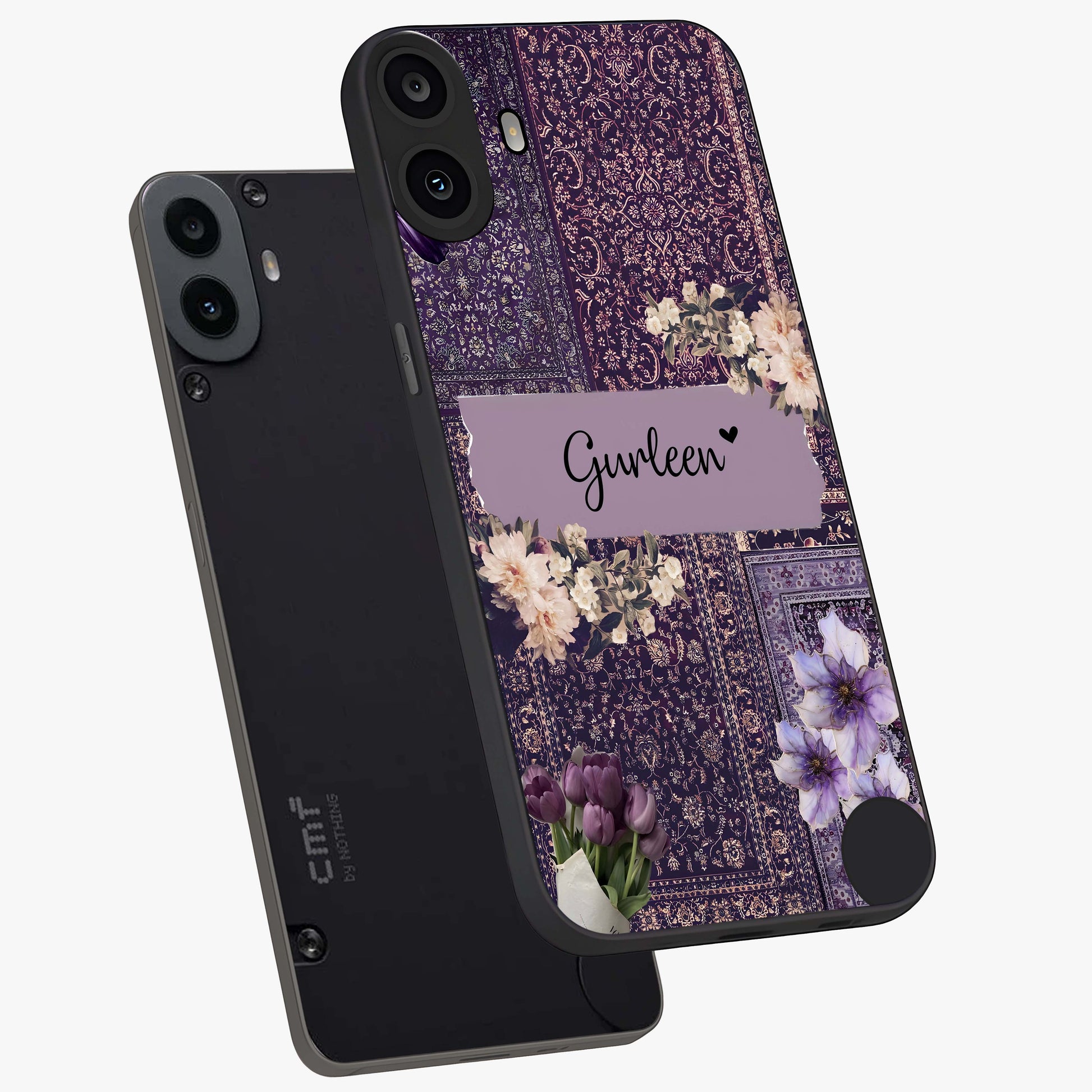 Antique Floral Whisper Custom Name Glass Case displayed in angled mockup highlighting elegant antique floral aesthetic.