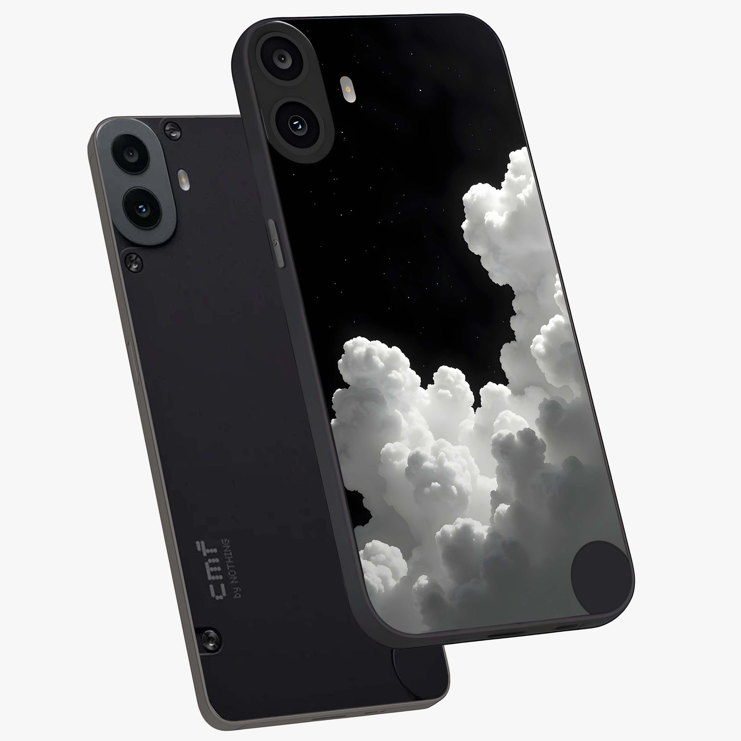 Black Background With White Cloud Glass Case displayed in angled mockup highlighting soft white cloud illustration and minimal design.