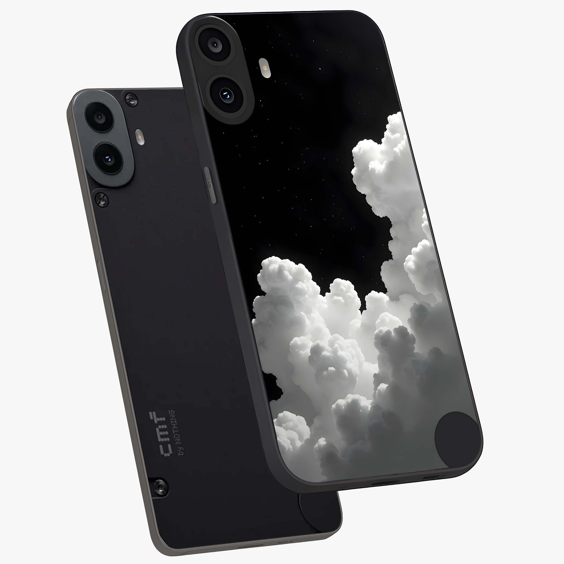 Black Background With White Cloud Glass Case displayed in angled mockup highlighting soft white cloud illustration and minimal design.