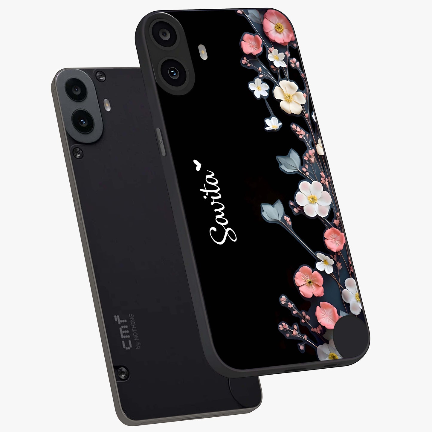 Black Elegance Floral Custom Name Glass Case displayed in angled mockup highlighting dark floral aesthetic and custom name feature.