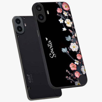 Black Elegance Floral Custom Name Glass Case displayed in angled mockup highlighting dark floral aesthetic and custom name feature.
