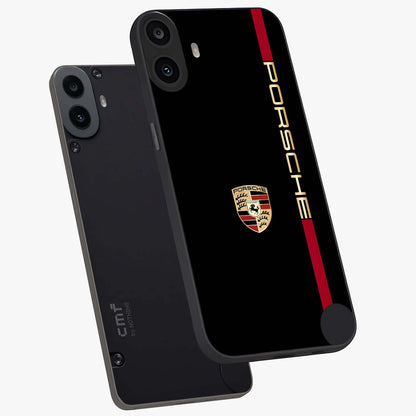 Black Minimal Porsche Glass Case displayed in angled mockup highlighting modern minimal car illustration and clean aesthetic design.