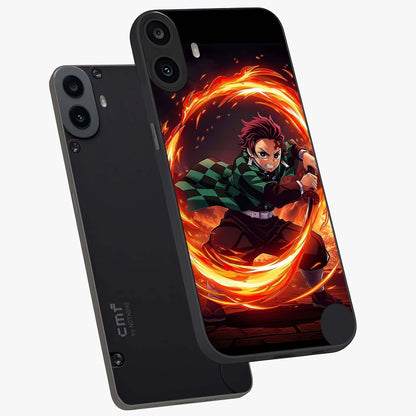 Blazing Sword Resolve Glass Case displayed in angled mockup highlighting powerful sword illustration and bold fantasy theme.