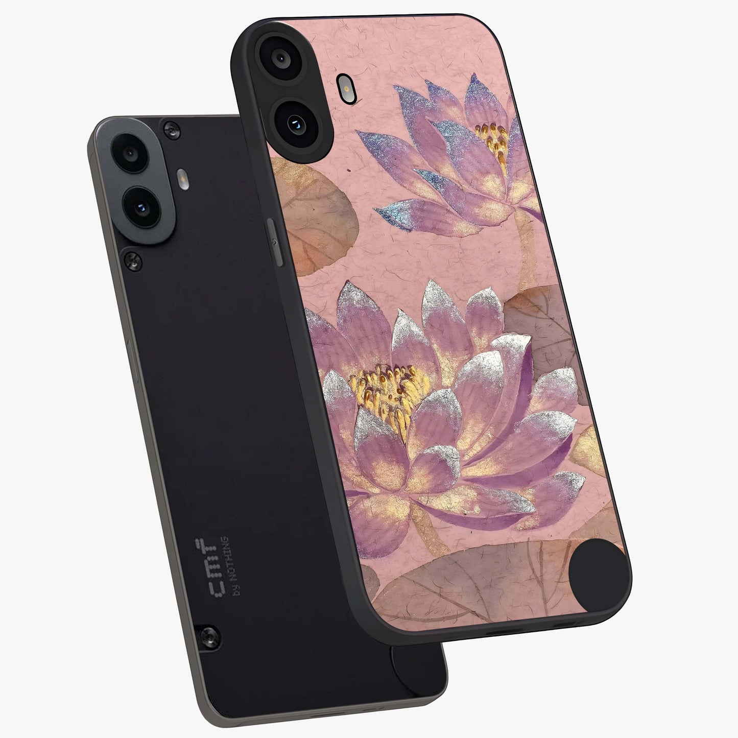 Blossom Mist Lotus Glass Case displayed in angled mockup highlighting delicate lotus illustration with calm aesthetic theme.