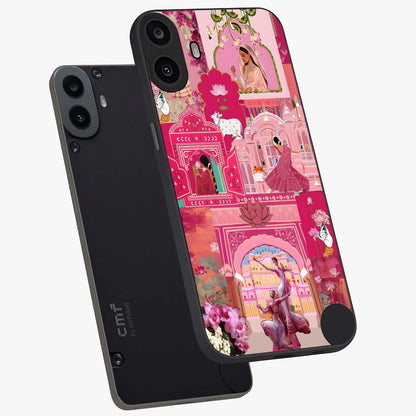 Blossoms of Rajasthan Glass Case displayed in angled mockup highlighting vibrant floral pattern with cultural aesthetic style.