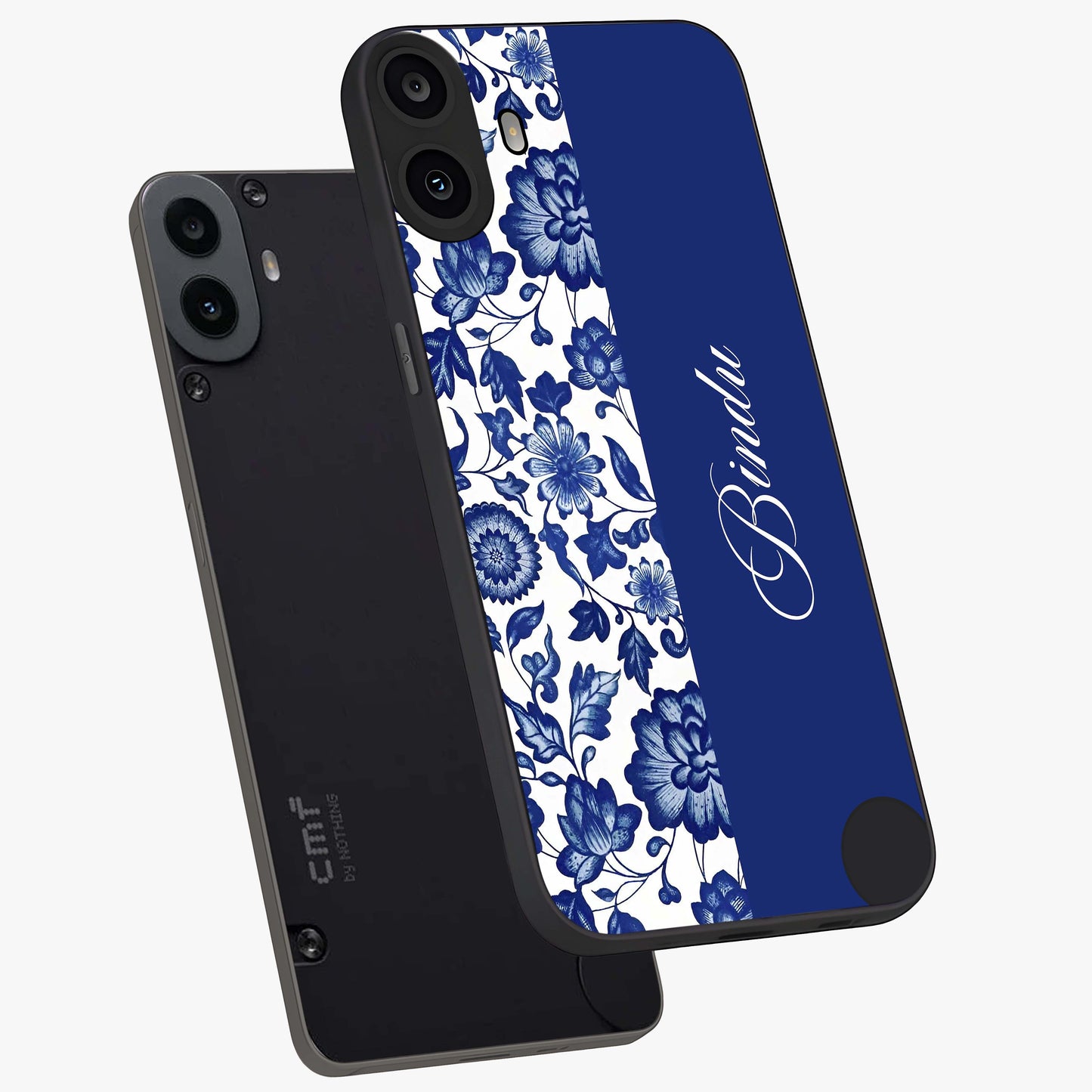 Blue Vintage Floral Pattern Glass Case displayed in angled mockup highlighting subtle bloom pattern with aesthetic pastel design.