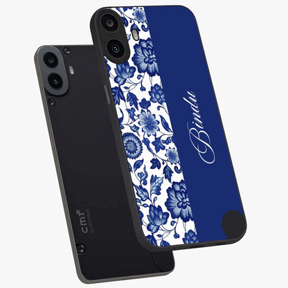 Blue Vintage Floral Pattern Glass Case displayed in angled mockup highlighting subtle bloom pattern with aesthetic pastel design.