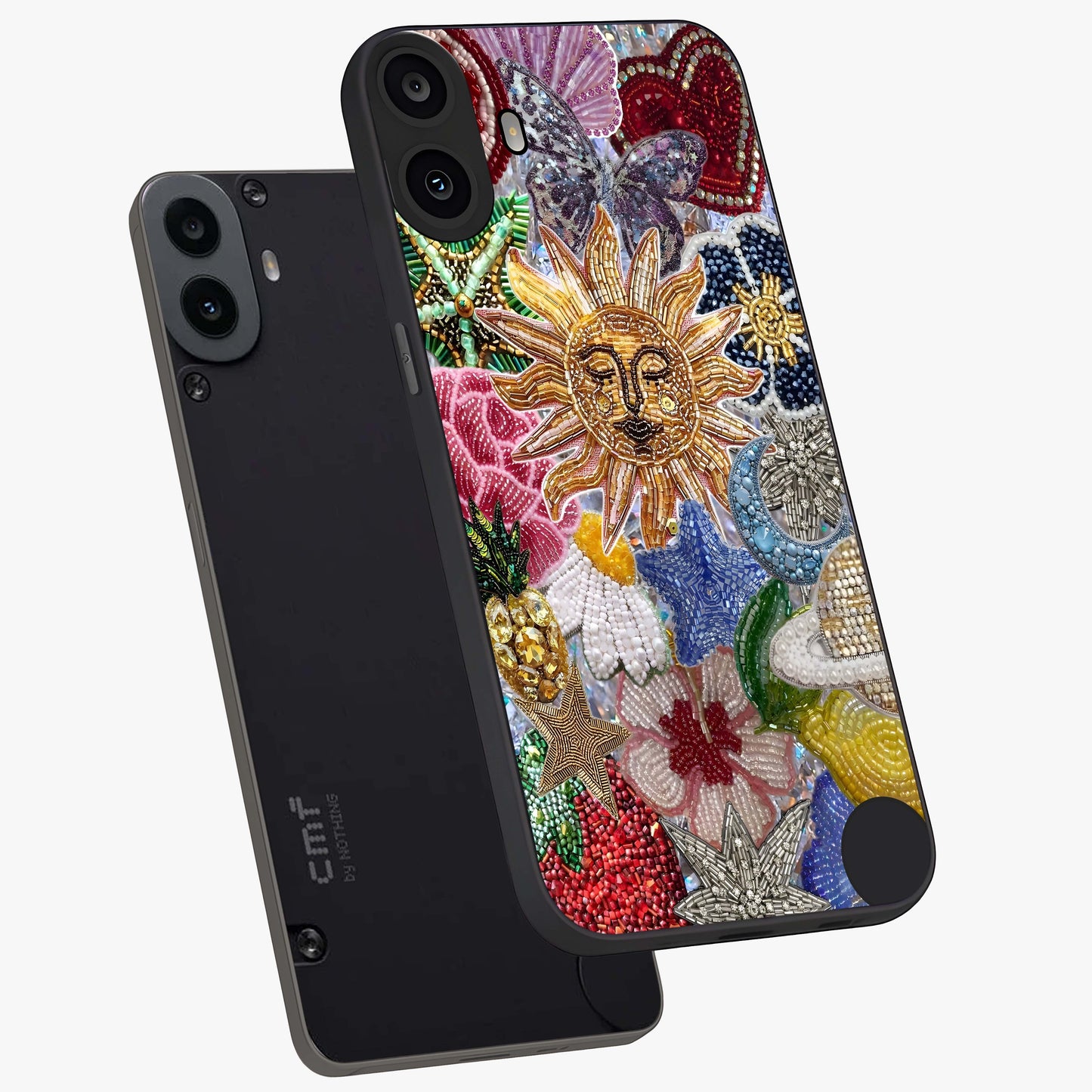 Celestial Floral and Playful Glass Case displayed in angled mockup highlighting playful floral design with dreamy celestial elements.