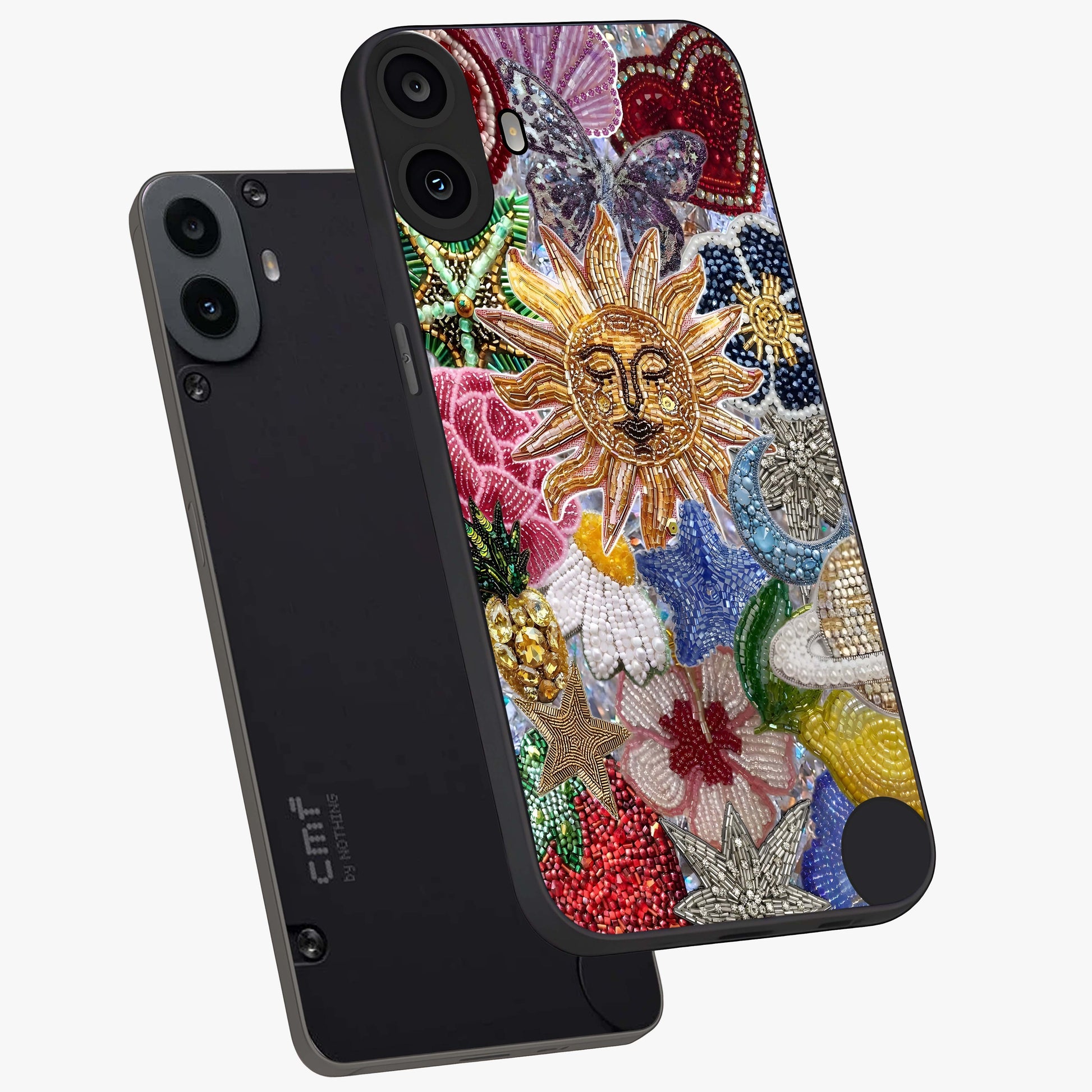 Celestial Floral and Playful Glass Case displayed in angled mockup highlighting playful floral design with dreamy celestial elements.
