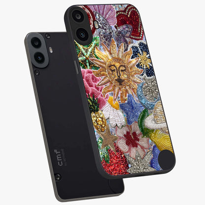 Celestial Floral and Playful Glass Case displayed in angled mockup highlighting playful floral design with dreamy celestial elements.
