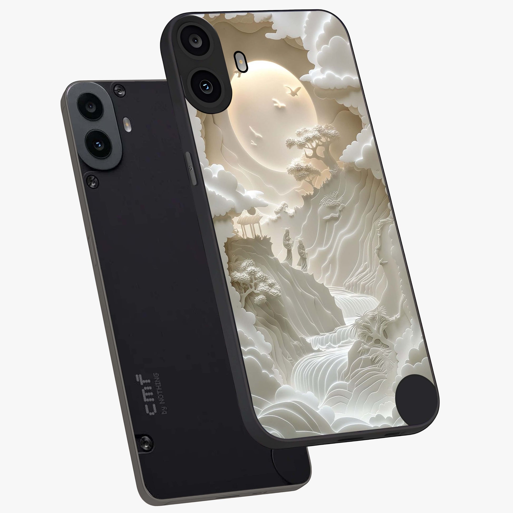 Celestial Origami Glass Case displayed in angled mockup highlighting geometric origami design with cosmic aesthetic theme.