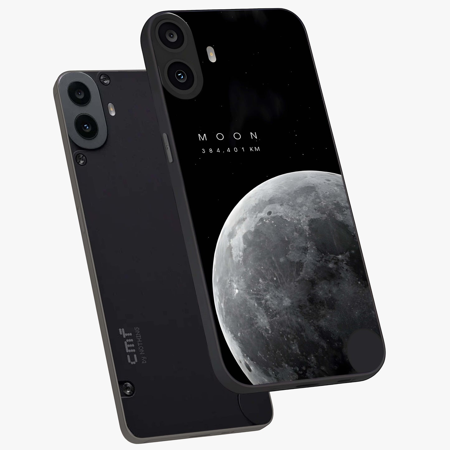 Cosmic Moon Glow Glass Case displayed in angled mockup highlighting celestial moon design with cosmic aesthetic theme.