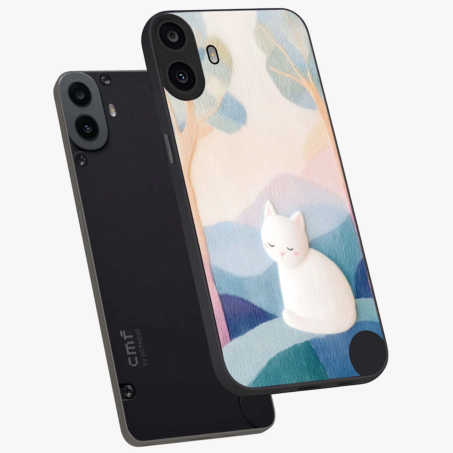 Cotton Dream Cat Glass Case displayed in angled mockup highlighting cute feline illustration with pastel aesthetic style.