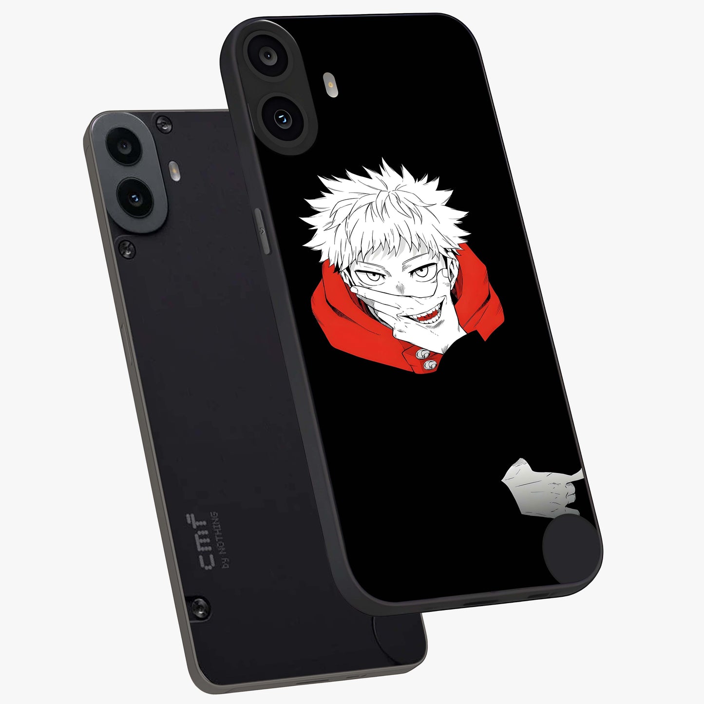 Crimson Chaos Smile Glass Case displayed in angled mockup highlighting edgy crimson smile design with graphic aesthetic.