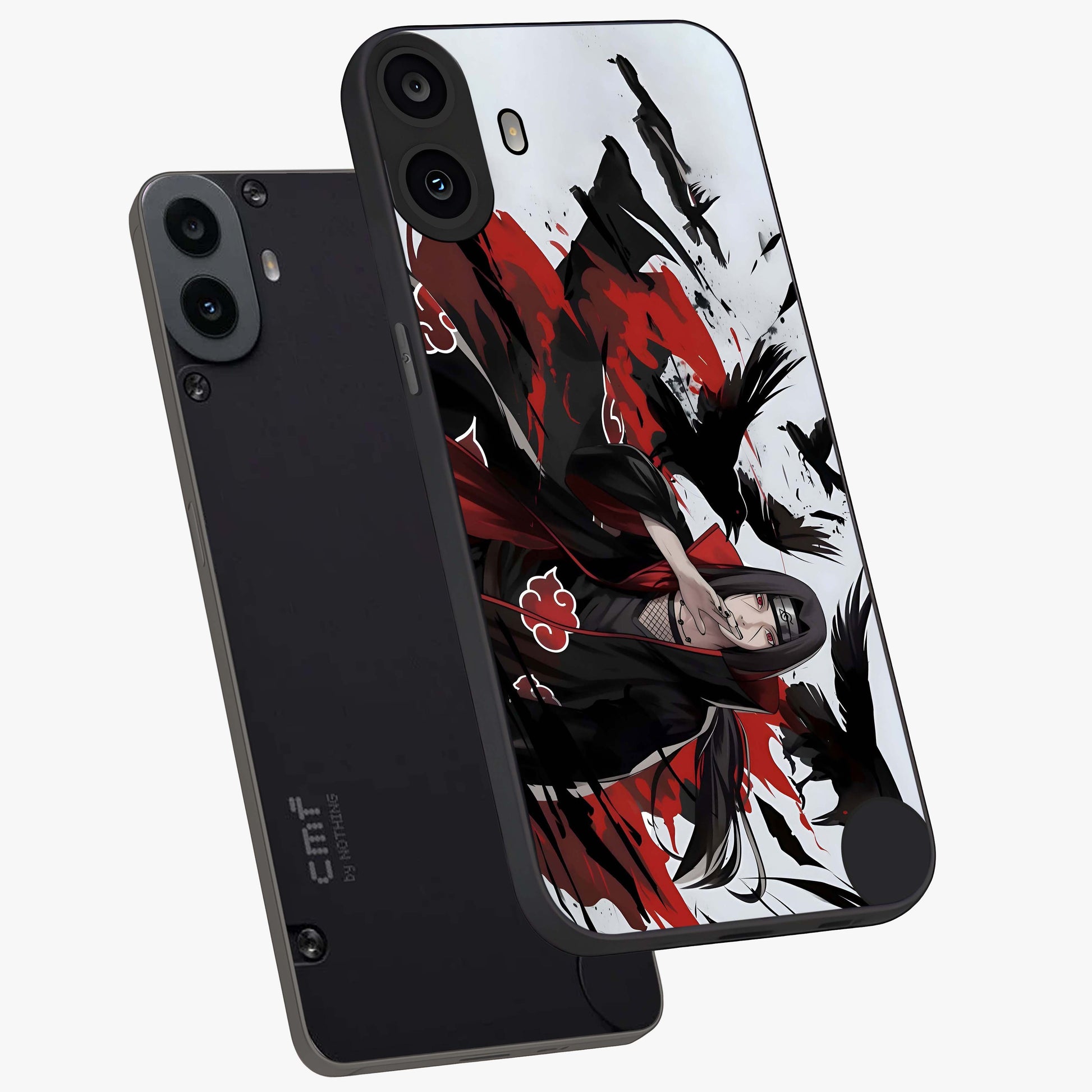 Crimson Crow Illusion Glass Case displayed in angled mockup highlighting mysterious crow graphic with dark aesthetic style.