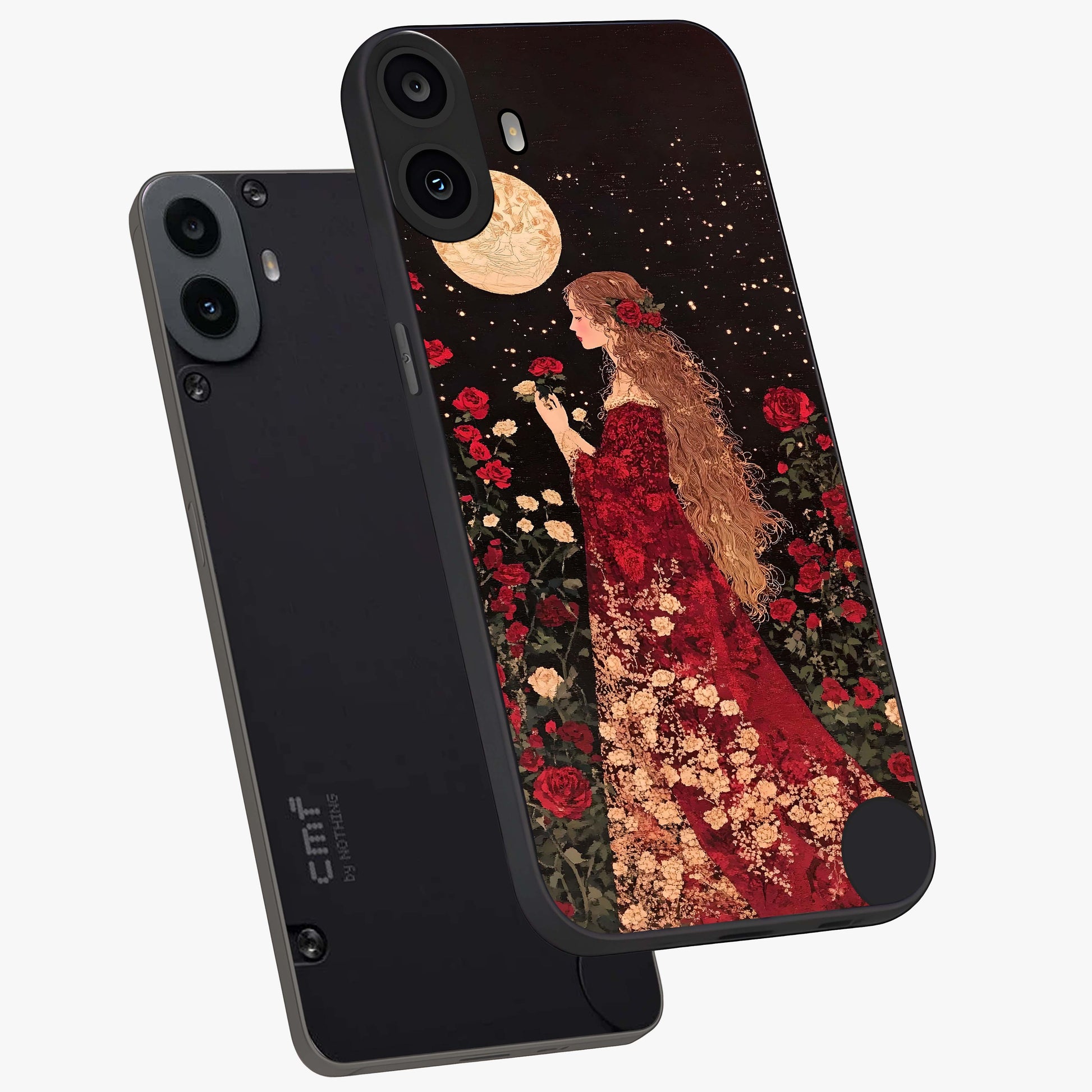 Crimson Dreams Glass Case displayed in angled mockup highlighting soft crimson aesthetic design with artistic theme.