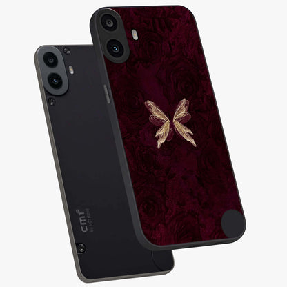 Crimson Fade Butterfly Glass Case displayed in angled mockup highlighting elegant butterfly design with crimson gradient aesthetic.