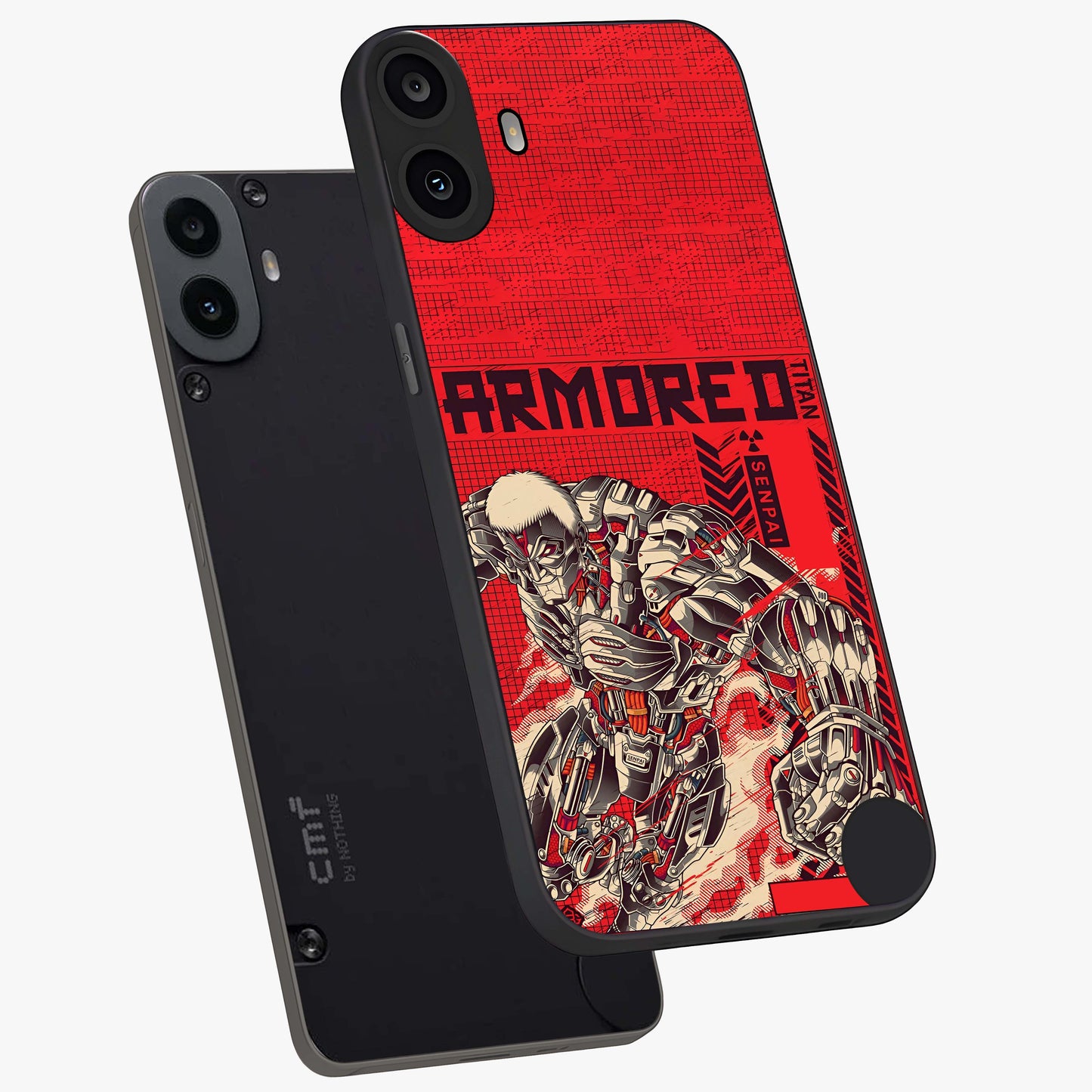 Crimson Mecha Titan Glass Case displayed in angled mockup highlighting futuristic mech illustration with bold crimson aesthetic.
