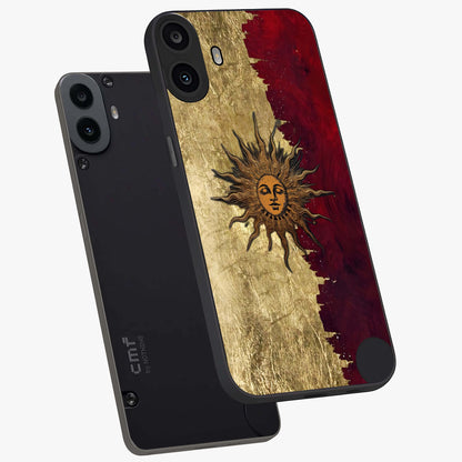 Crimson Sun Majesty Glass Case displayed in angled mockup highlighting majestic crimson sun design with bold aesthetic style.
