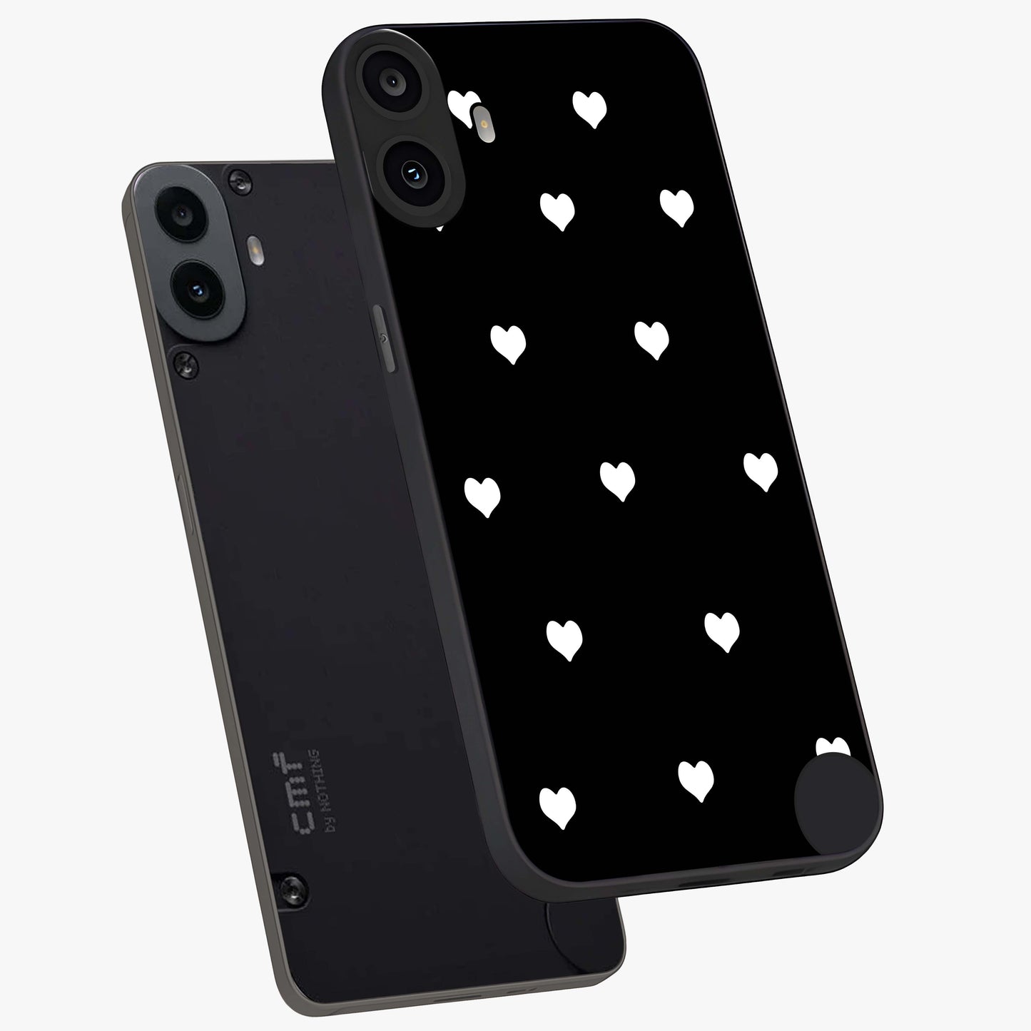 Cute And Simple White Hearts Glass Case displayed in angled mockup highlighting cute heart design with clean aesthetic style.
