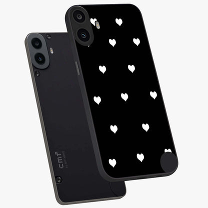 Cute And Simple White Hearts Glass Case displayed in angled mockup highlighting cute heart design with clean aesthetic style.