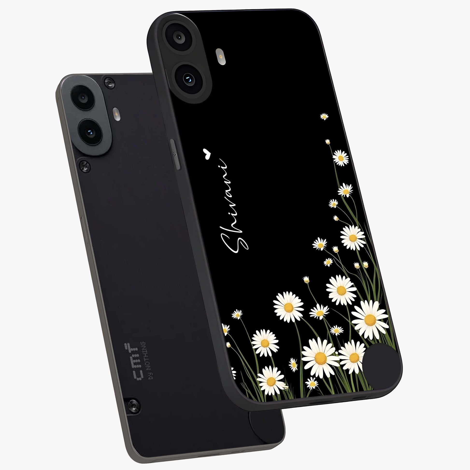 Daisy Cascade Custom Name Glass Case displayed in angled mockup highlighting delicate daisy artwork with custom name feature.