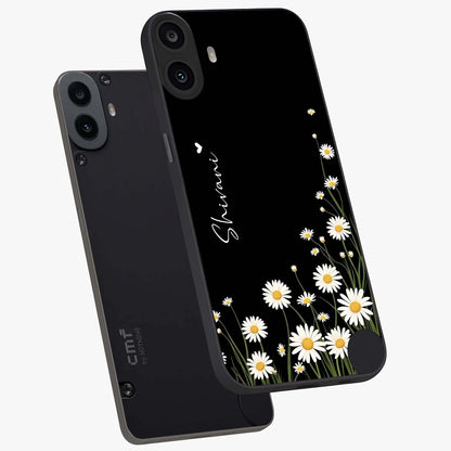 Daisy Cascade Custom Name Glass Case displayed in angled mockup highlighting delicate daisy artwork with custom name feature.