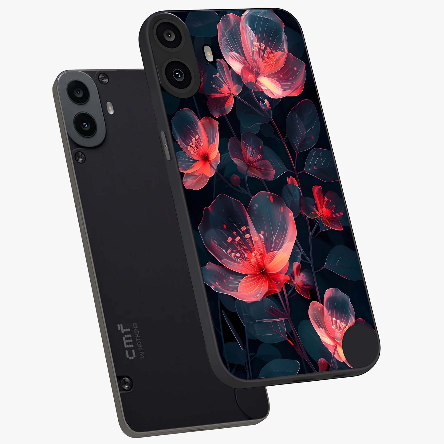 Dark Shade of Flower Glass Case displayed in angled mockup highlighting moody floral illustration with aesthetic dark tones.