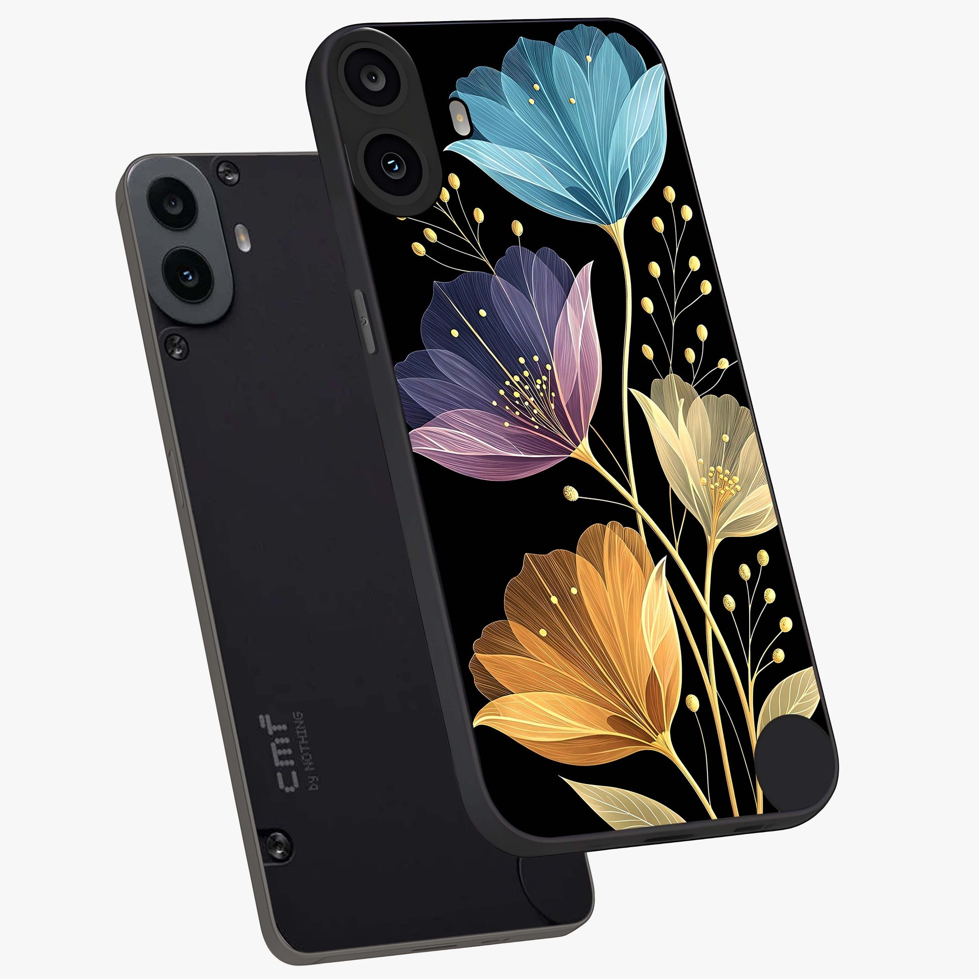 Delicate Multicolor Flowers Glass Case displayed in angled mockup highlighting colorful flower pattern with soft aesthetic style.