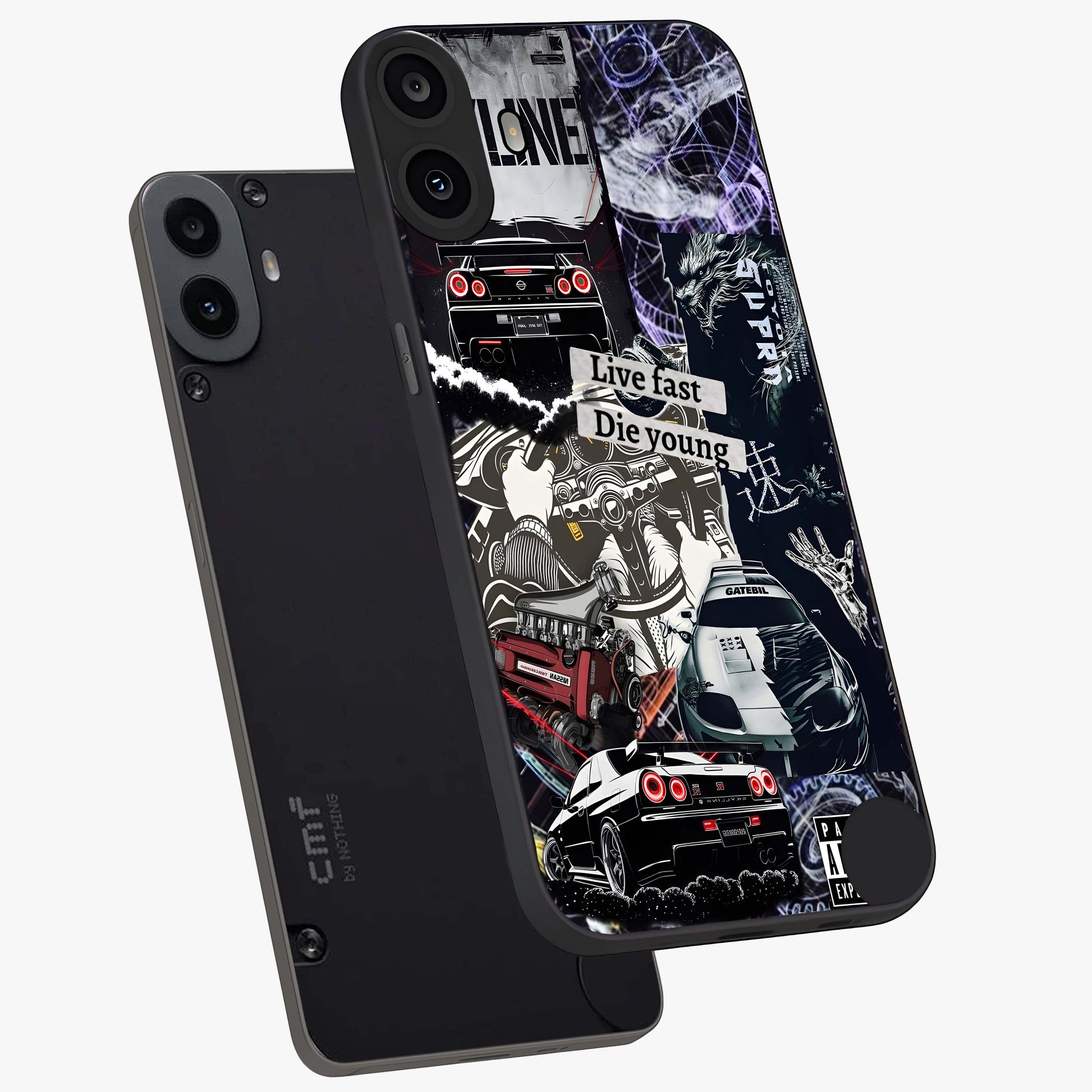 Die Young Glass Case displayed in angled mockup highlighting expressive graphic artwork with edgy aesthetic style.
