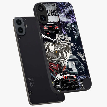 Die Young Glass Case displayed in angled mockup highlighting expressive graphic artwork with edgy aesthetic style.