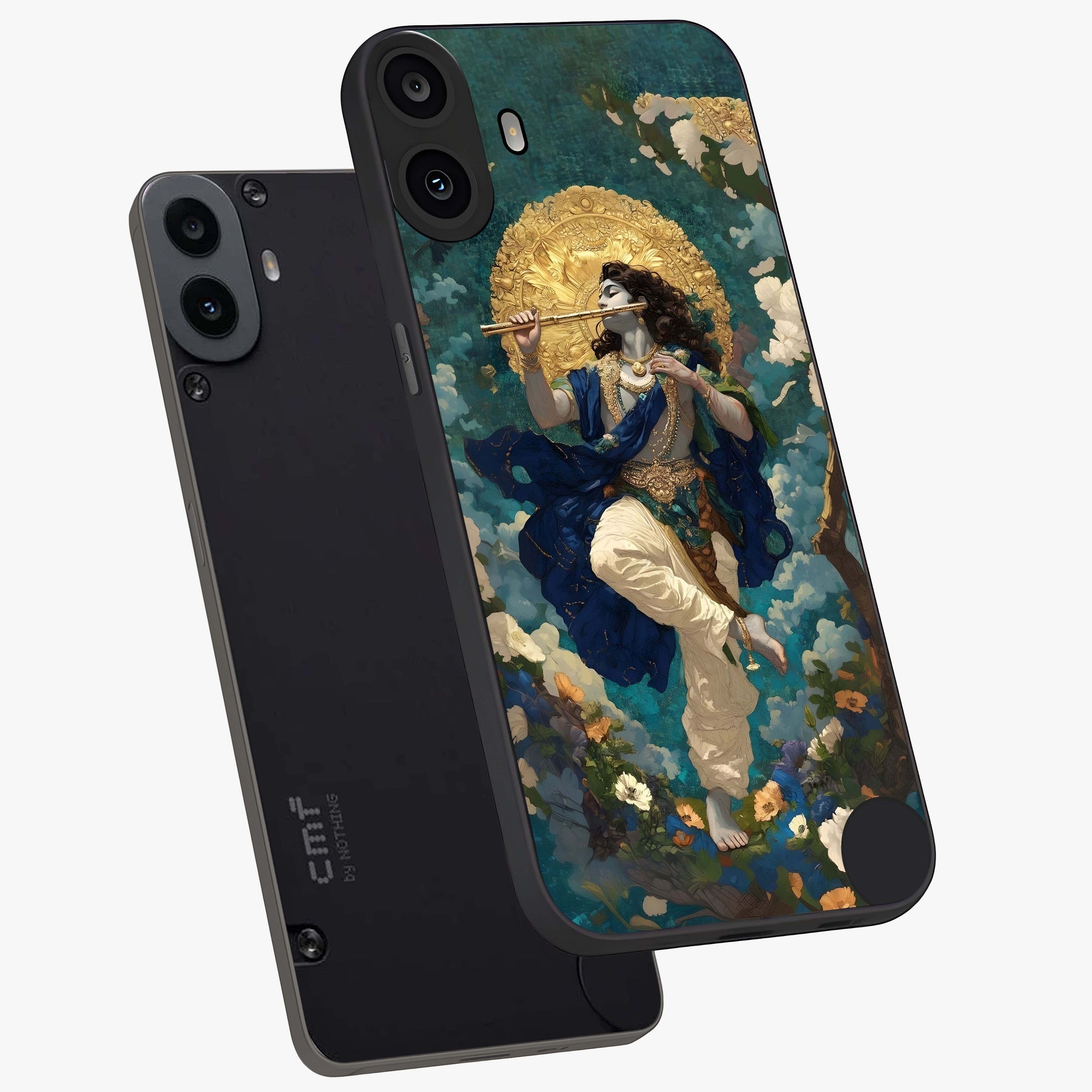 Divine Krishna Art Glass Case displayed in angled mockup highlighting spiritual Krishna illustration with devotional aesthetic.