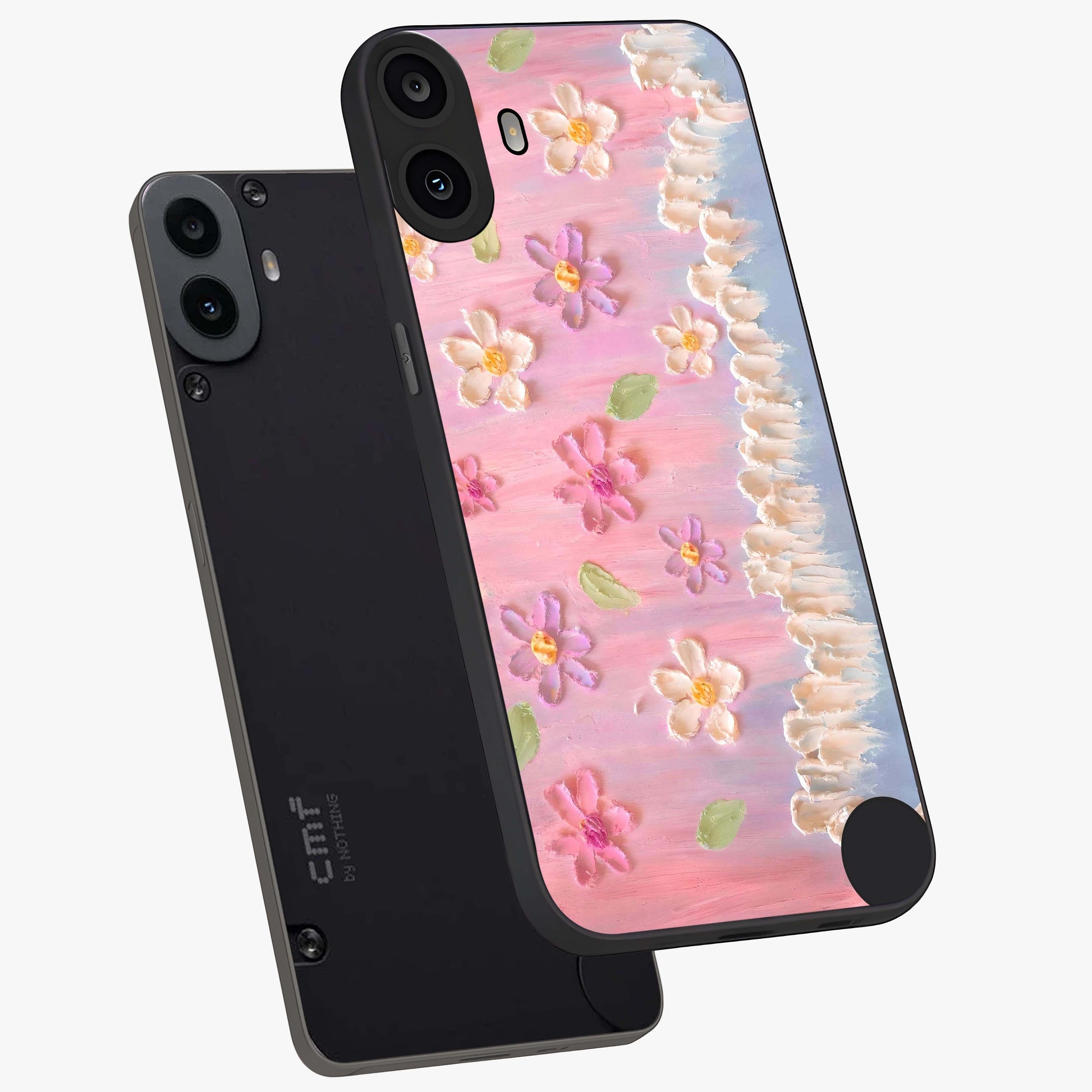 Dreamy Painted Garden Glass Case displayed in angled mockup highlighting colorful garden illustration with dreamy aesthetic style.