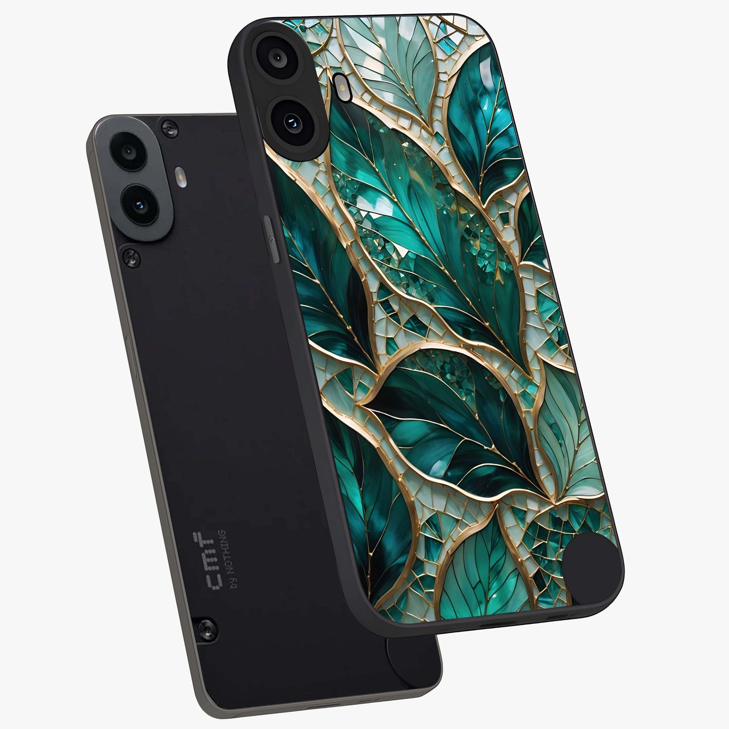 Emerald Leaf Glass Glass Case displayed in angled mockup highlighting botanical leaf illustration with elegant natural aesthetic.