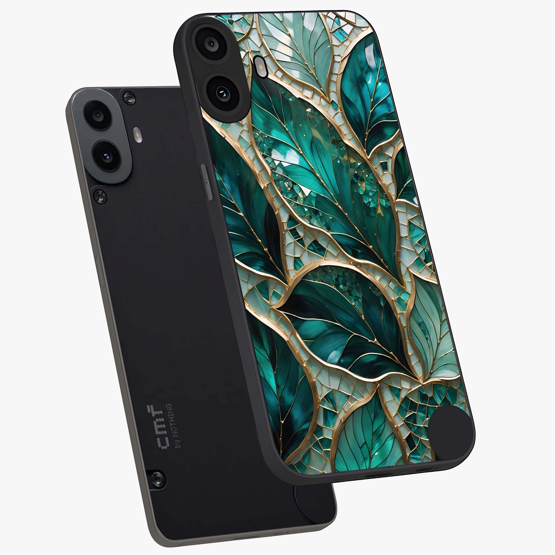 Emerald Leaf Glass Glass Case displayed in angled mockup highlighting botanical leaf illustration with elegant natural aesthetic.