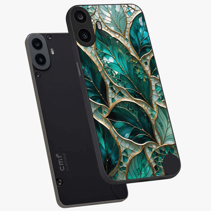 Emerald Leaf Glass Glass Case displayed in angled mockup highlighting botanical leaf illustration with elegant natural aesthetic.