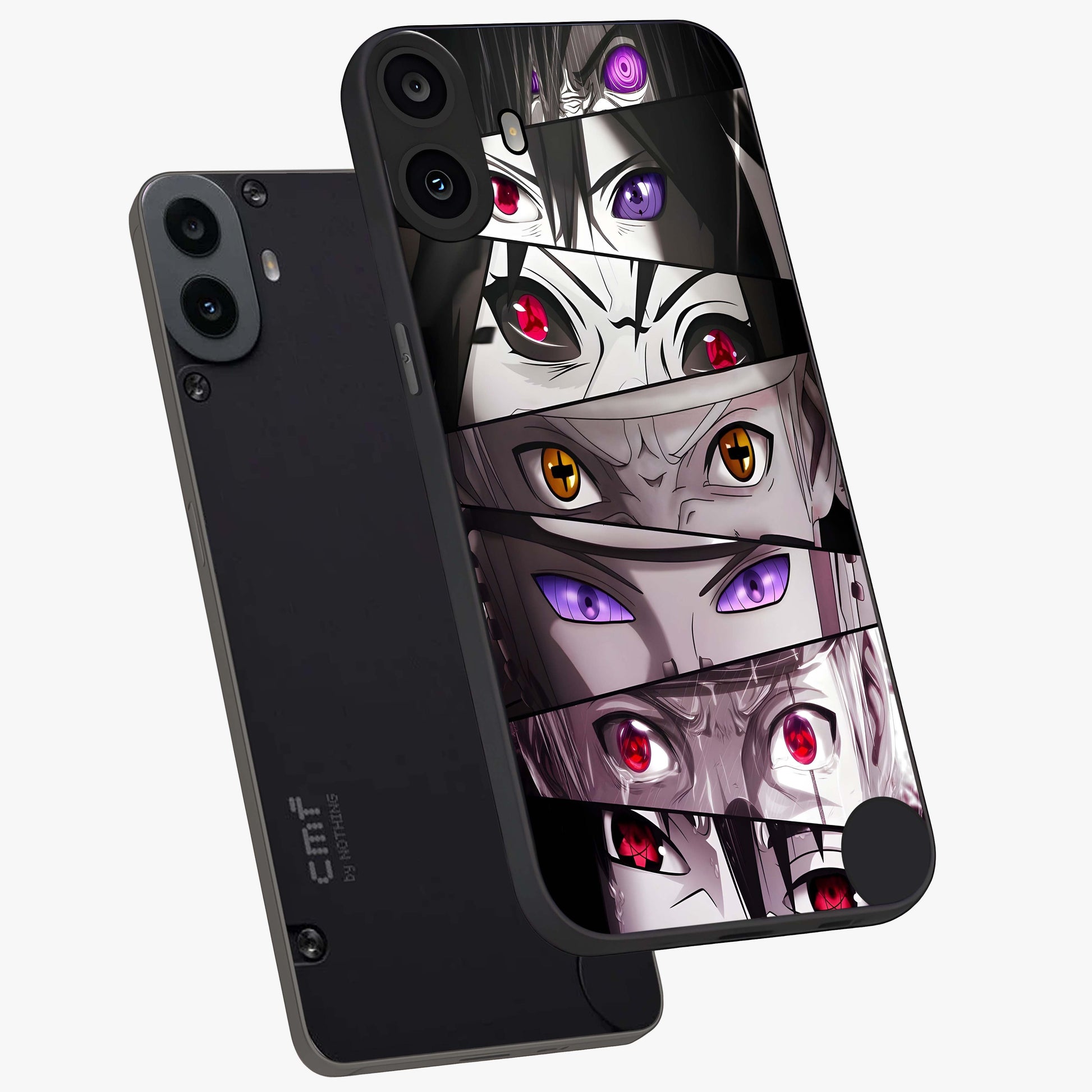 Eyes of Destiny Glass Case displayed in angled mockup highlighting bold eye illustration with mystical aesthetic style.