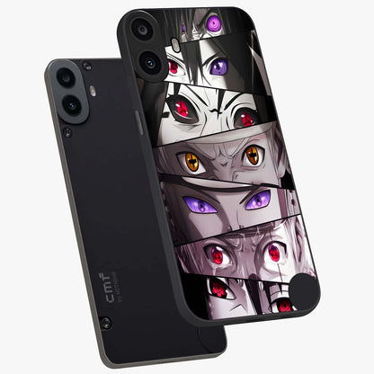 Eyes of Destiny Glass Case displayed in angled mockup highlighting bold eye illustration with mystical aesthetic style.