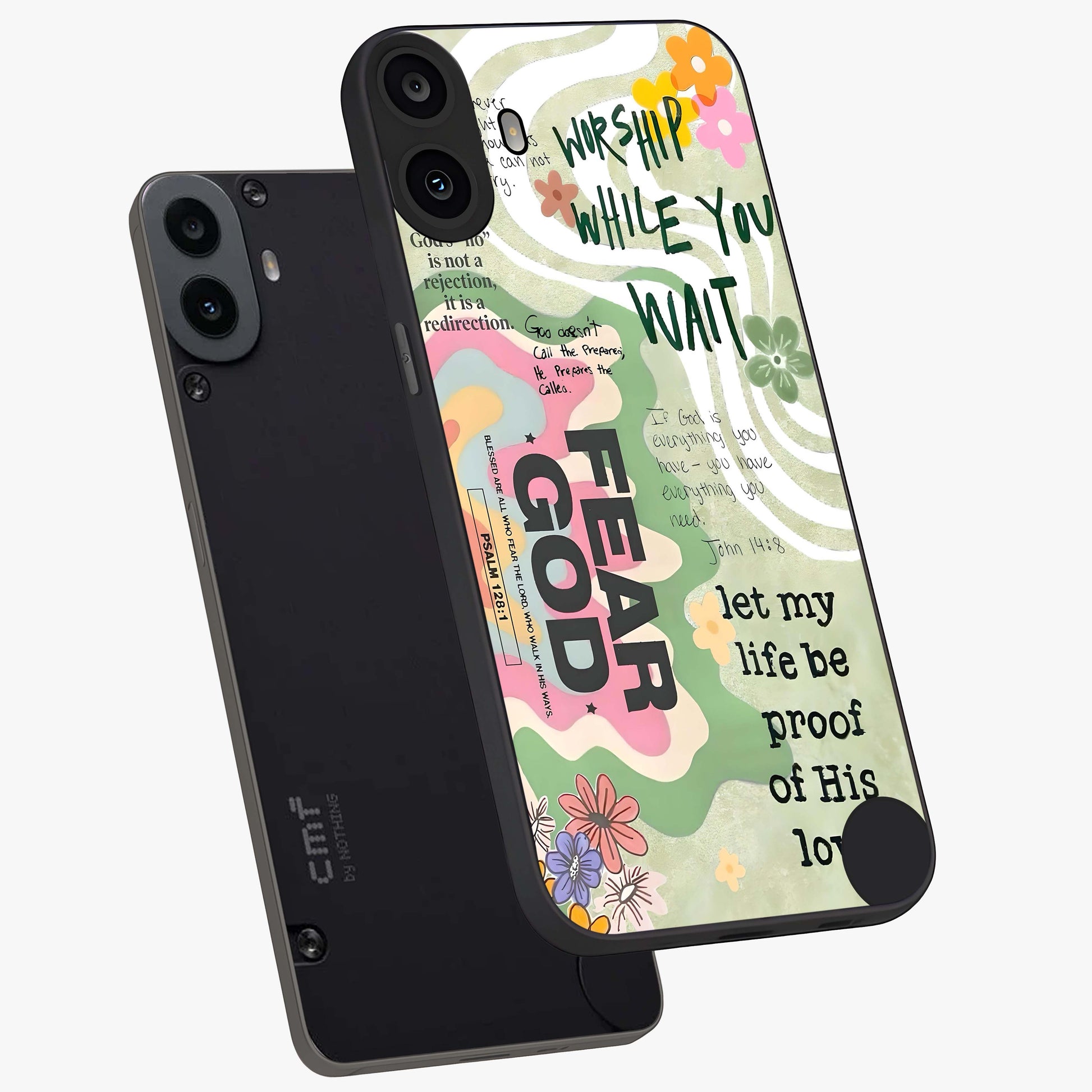 Faith Over Fear Glass Case displayed in angled mockup highlighting inspirational message design with modern aesthetic style.