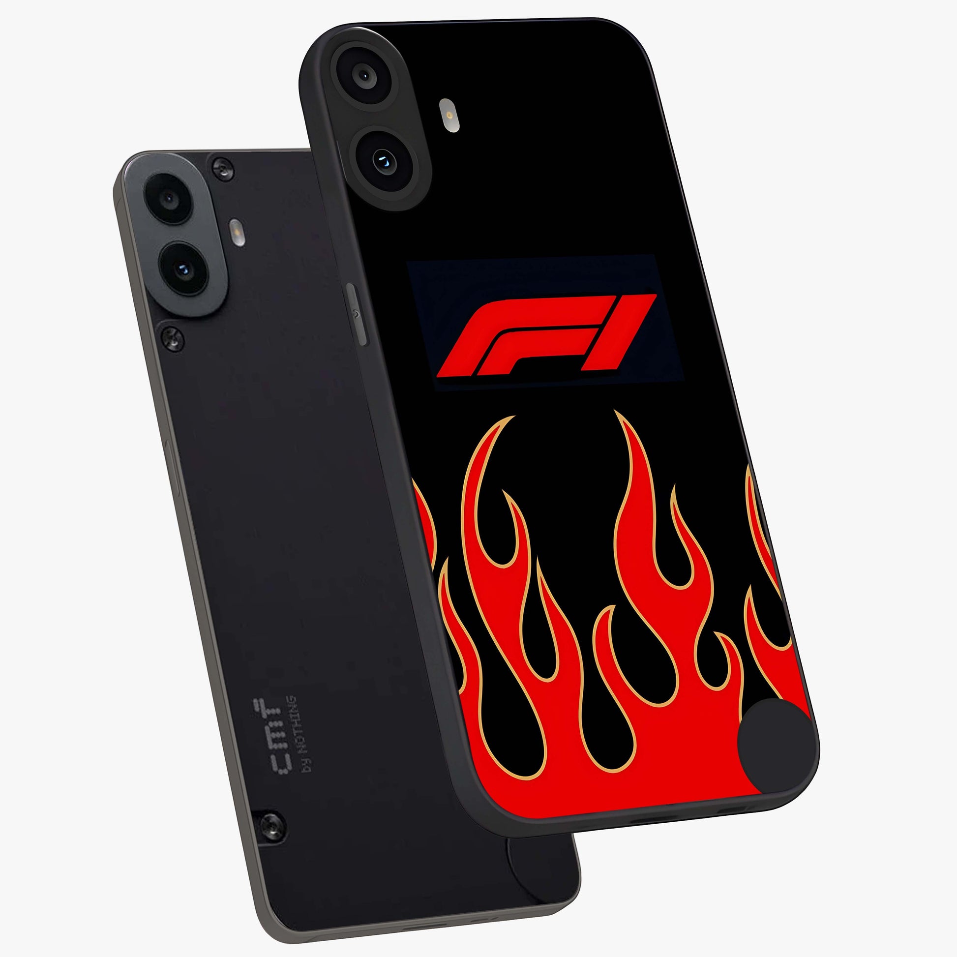 Fire F11 Glass Case displayed in angled mockup highlighting bold fire inspired graphic with energetic aesthetic style.