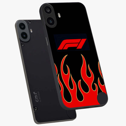 Fire F11 Glass Case displayed in angled mockup highlighting bold fire inspired graphic with energetic aesthetic style.